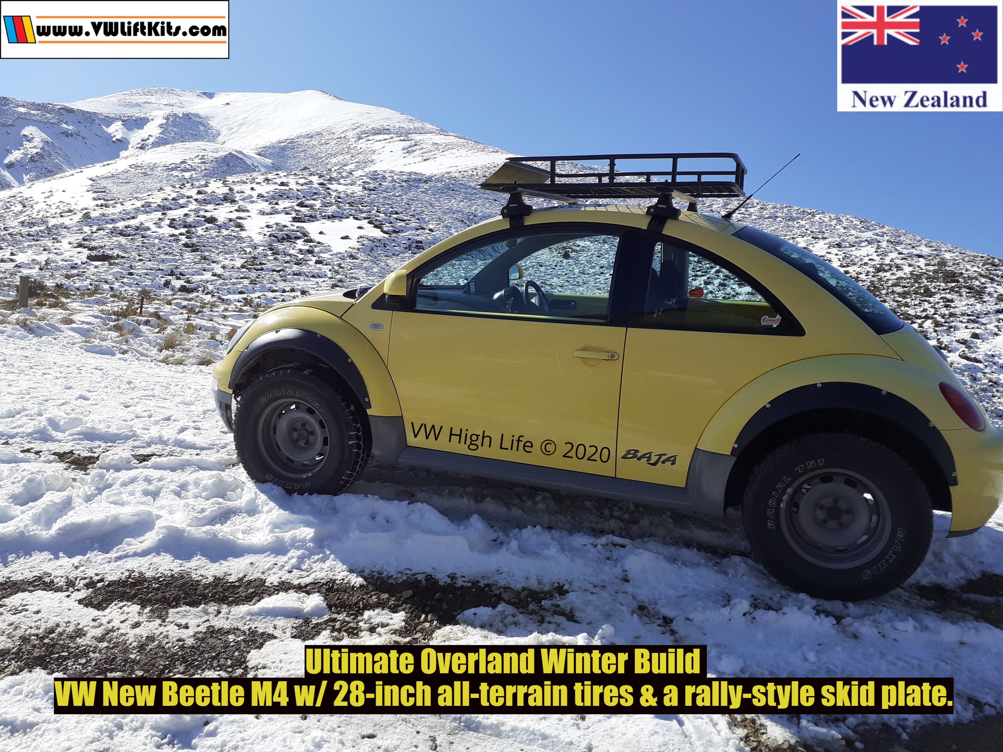 Richard's infamous COVID Beetle wheeling in KiwiLand with the VW High Life Winter Rough Road Package.